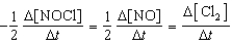  Which relationship correctly compares the rates of the following reactants and products? 2 NOCl(g)  \to  2 NO(g) + Cl<sub>2</sub>(g)  A)    B)    C)    D)    E)    