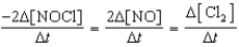  Which relationship correctly compares the rates of the following reactants and products? 2 NOCl(g)  \to  2 NO(g) + Cl<sub>2</sub>(g)  A)    B)    C)    D)    E)    
