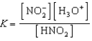 Write a balanced chemical equation which corresponds to the following equilibrium constant expression.   A)  HNO<sub>2</sub>(aq) + H<sub>2</sub>O(   )    NO<sub>2</sub><sup>-</sup>(aq) + H<sub>3</sub>O<sup>+</sup>(aq)  B)  NO<sub>2</sub><sup>-</sup>(aq) + H<sub>3</sub>O<sup>+</sup>(aq)    HNO<sub>2</sub>(aq) + H<sub>2</sub>O(   )  C)  NO<sub>2</sub><sup>-</sup>(aq) + H<sub>3</sub>O<sup>+</sup>(aq)    HNO<sub>2</sub>(aq)  D)  H<sup>+</sup>(aq) + OH<sup>-</sup>(aq)    H<sub>2</sub>O(   )  E)  HNO<sub>2</sub>(aq)    NO<sub>2</sub><sup>-</sup>(aq) + H<sub>3</sub>O<sup>+</sup>(aq) 