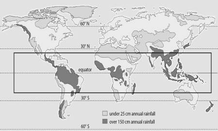 Refer to the figure below, and then answer the question that follows.        -Looking at the boxed portions of these two diagrams,it seems clear that all the areas where Earth gets very high rainfall (dark areas of top diagram)do not match precisely with places where we have tropical rainforests (black and white dotted portions of boxed area of bottom diagram).Propose a reason for this.