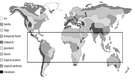 Refer to the figure below, and then answer the question that follows.        -Looking at the boxed portions of these two diagrams,it seems clear that all the areas where Earth gets very high rainfall (dark areas of top diagram)do not match precisely with places where we have tropical rainforests (black and white dotted portions of boxed area of bottom diagram).Propose a reason for this.