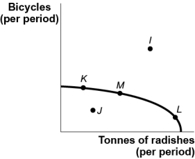 Use the following to answer question 102: Figure: Bicycles and Radishes II   -(Figure: Bicycles and Radishes II) Use Figure: Bicycles and Radishes II.The country depicted in this figure is operating at point M.It could achieve production at point I only if it: A)  used its resources more efficiently. B)  devoted more resources to radish production. C)  devoted more resources to bicycle production. D)  increased the quantities of capital,natural resources,or labour available or improved its technology.