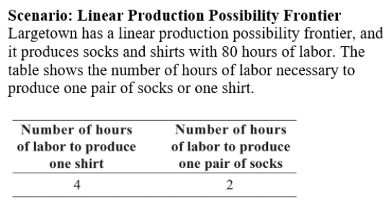 Use the following to answer questions:   -(Scenario: Linear Production Possibility Frontier) Use Scenario: Linear Production Possibility Frontier.If Largetown decides to devote half of its labour time to the production of socks and half of the time to the production of shirts,it can produce _____ shirts and _____ pairs of socks. A)  10;20 B)  20;10 C)  30;30 D)  0;30