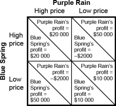 Use the following to answer questions : Figure: Payoff Matrix II for Blue Spring and Purple Rain   -(Figure: Payoff Matrix II for Blue Spring and Purple Rain) Use Figure: Payoff Matrix II for Blue Spring and Purple Rain.The figure describes two producers of bottled water.The Nash equilibrium in the figure is reached when Blue Spring charges a _____ price and Purple Rain charges a _____ price. A)  high;high B)  low;low C)  high;low D)  low;high