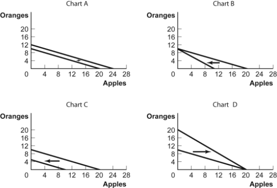 Use the following to answer questions : Figure: Budget Lines for Oranges and Apples   -(Figure: Budget Lines for Oranges and Apples) Use Figure: Budget Lines for Oranges and Apples.For some time,Antonio has had $5 per month to spend on oranges and apples.The price of an orange is $0.50 and the price of an apple is $0.25.Which chart shows what will happen to his budget line if his income increases to $6? A)  A B)  B C)  C D)  D