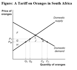 Use the following to answer questions :   -(Figure: A Tariff on Oranges in South Africa) Use Figure: A Tariff on Oranges in South Africa.When the government imposes a tariff on imported oranges,the price of oranges in South Africa rises from P<sub>W</sub> to P<sub>T</sub> and domestic producer surplus _____ to _____. A)  falls;G + I B)  falls;G + I + J + K C)  rises;G + J + K D)  rises;G + H