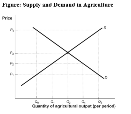 Use the following to answer questions :   -(Figure: Supply and Demand in Agriculture) Use Figure: Supply and Demand in Agriculture.If a price floor at P<sub>4</sub> is set to help improve farm incomes and the government wants to assure farmers that their output will be purchased,the government must purchase an amount of output equal to: A)  Q<sub>3</sub>-Q<sub>0</sub>. B)  Q<sub>3</sub>-Q<sub>1</sub>. C)  Q<sub>2</sub>-Q<sub>1</sub>. D)  Q<sub>1</sub>-Q<sub>3</sub>.