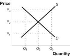 Use the following to answer questions : Figure: Supply,Demand,and Equilibrium   -(Figure: Supply,Demand,and Equilibrium)Use Figure: Supply,Demand,and Equilibrium.In the figure,there will be an excess supply of the good at a price of P<sub>1</sub>.
