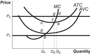 Use the following to answer questions: Figure: Prices, Cost Curves, and Profits   -(Figure: Prices, Cost Curves, and Profits)  Look at the figure Prices, Cost Curves, and Profits. If the price is P<sub>2 </sub>and the firm is profit-maximizing, then the firm's profit is: A)  (fg)  × Q<sub>3.</sub> B)  (de)  × Q<sub>2.</sub> C)  (fg)  × Q<sub>2</sub>. D)  (de)  × P<sub>2</sub>.