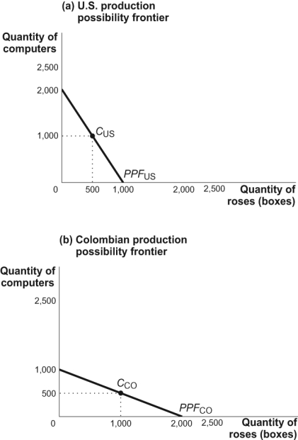 Use the following to answer questions  Figure: Comparative Advantage and the Production Possibility Frontier   -(Figure: Comparative Advantage and the Production Possibility Frontier)  Look at the figure Comparative Advantage and the Production Possibility Frontier. _____ has an absolute advantage in the production of _____ and a comparative advantage in the production of _____. A)  The United States; computers; roses B)  Colombia; computers; roses C)  The United States; computers; computers D)  Colombia; roses; computers