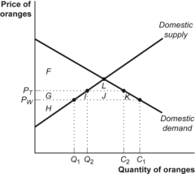 Use the following to answer questions  Figure: A Tariff on Oranges in South Africa   -(Figure: A Tariff on Oranges in South Africa)  Look at the figure A Tariff on Oranges in South Africa. When the government imposes a tariff on imported oranges, the price of oranges in South Africa rises from P<sub>W</sub> to P<sub>T</sub> and domestic producer surplus _____ to _____. A)  falls; G + I B)  falls; G + I + J + K C)  rises; G + + J + K D)  rises; G + H