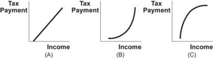 Use the following to answer questions  Figure: Income Tax Payments   -(Figure: Income Tax Payments)  Look at the figure Income Tax Payments. Which panel or panels best represent the effects of a progressive income tax? A)  A B)  B C)  C D)  A and B