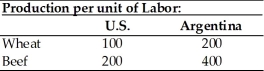 Use the information in the table below to answer the following questions.   (a) Does either country have an absolute advantage in the production of wheat or beef? Explain. (b) What is the opportunity cost of wheat in each country? (c) What is the opportunity cost of beef in each country? (d) Analyze comparative advantage and opportunities for trade between the U.S. and Argentina.