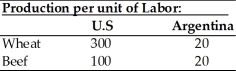 Use the information in the table below to answer the following questions.     (a) Does either country have an absolute advantage in the production of wheat or beef?  Explain. (b) What is the opportunity cost of wheat in each country? (c) What is the opportunity cost of beef in each country? (d) Analyze comparative advantage and opportunities for trade between the U.S. and Argentina.