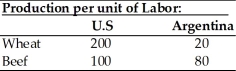 Use the information in the table below to answer the following questions.     (a) Does either country have an absolute advantage in the production of wheat or beef?  Explain. (b) What is the opportunity cost of wheat in each country? (c) What is the opportunity cost of beef in each country? (d) Analyze comparative advantage and opportunities for trade between the U.S. and Argentina.