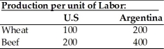 Use the information in the table below to answer the following questions.     (a) Does either country have an absolute advantage in the production of wheat or beef?  Explain. (b) What is the opportunity cost of wheat in each country? (c) What is the opportunity cost of beef in each country? (d) Analyze comparative advantage and opportunities for trade between the U.S. and Argentina.