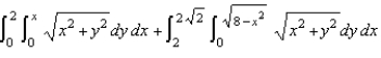 Combine the sum of the two iterated integrals into a single integral by converting to polar coordinates. Evaluate the resulting iterated integral.   A)    B)    C)    D)      E)     