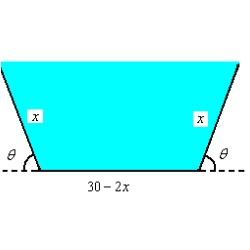 Suppose a trough with trapezoidal cross sections is formed by turning up the edges of a 30-inch-wide sheet of aluminum (see figure) . Find the cross section of maximum area.   A)    B)    C)    D)    E)   