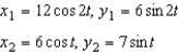 The parametric equations for the paths of two projectiles are given below. At what rate is the distance between the two objects changing at   ? Round your answer to two decimal places.   A)  0.86 B)  1.54 C)  0.58 D)  -1.73 E)  -0.65