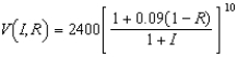 Assume in 2009, an investment of $2400 was made in a bond earning 9% compounded annually. Assume that the buyer pays at rate R and the annual rate of inflation is I. Suppose in the year 2019, the value V of the investment in constant 2009 dollars is   . Calculate the function   for   and   . Round your answer to the nearest cent. A)  $5,148.94 B)  $3,319.05 C)  $2,493.01 D)  $2,479.09 E)  $4,219.43