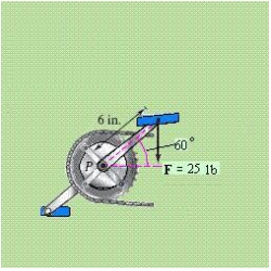 A child applies the brakes on a bicycle by applying a downward force of 25 pounds on the pedal when the crank makes a   angle with the horizontal (see figure) . The crank is 6 inches in length. Find the torque at P. Round your answer to two decimal places.   A)  12.50 ft-lb B)  6.25 ft-lb C)  75.00 ft-lb D)  10.83 ft-lb E)  21.65 ft-lb