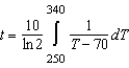 Find the time required for an object to cool from   by evaluating   , where t is time in minutes. Round your answer to four decimal places. A)  6.4346 minutes B)  4.4251 minutes C)  3.6907 minutes D)  4.0598 minutes E)  5.8496 minutes