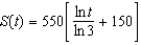 The rate of change in sales S is inversely proportional to time   measured in weeks. Find S as a function of t if sales after 2 and 4 weeks are 200 units and 350 units respectively. A)    B)    C)    D)    E)   