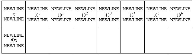 For the function   , use a graphing utility to complete the table and estimate the limit as x approaches infinity.   A)  0.8000 B)  1.8000 C)  1.2500 D)  2.2500 E)  0.2500