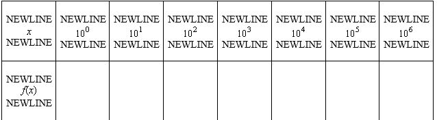 For the function   , use a graphing utility to complete the table and estimate the limit as x approaches infinity.   A)  -0.2500 B)  1.0000 C)  2.1800 D)  -0.9000 E)  does not exist
