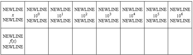 For the function   , use a graphing utility to complete the table and estimate the limit as x approaches infinity.   A)  -6 B)  2 C)  6 D)  0 E)  None of the above