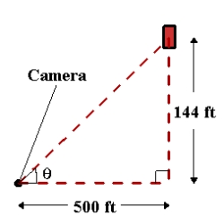 In a free-fall experiment, an object is dropped from a height of 144 feet. A camera on the ground 500 feet from the point of impact records the fall of the object as shown in the figure. Assuming the object is released at time t = 0. Find the rate of change of the angle of elevation of the camera when   . Round your answer to four decimal places.   A)  -0.6006 rad/sec B)  -0.0581 rad/sec C)  0.0601 rad/sec D)  0.0581 rad/sec E)  -0.0601 rad/sec