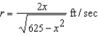 A 25-foot ladder is leaning against a house (see figure) . If the base of the ladder is pulled away from the house at a rate of 2 feet per second, the top will move down the wall at a rate of   where x is the distance between the base of the ladder and the house. Find the limit of r as   .   A)    B)    C)    D)    E)   