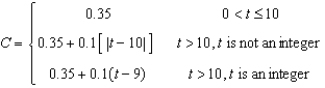 A long distance phone service charges $   for the first   minutes and $   for each additional minute or fraction thereof. Use the greatest integer function to write the cost C of a call in terms of time t (in minutes) . A)    B)    C)    D)    E)   