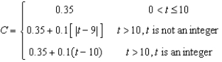 A long distance phone service charges $   for the first   minutes and $   for each additional minute or fraction thereof. Use the greatest integer function to write the cost C of a call in terms of time t (in minutes) . A)    B)    C)    D)    E)   