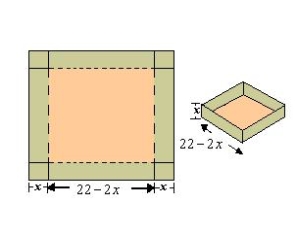 An open box of maximum volume is to be made from a square piece of material   centimeters on a side by cutting equal squares from the corners and turning up the sides (see figure) . Write the volume V as a function of x, the length of the corner squares.   A)    B)    C)    D)    E)   