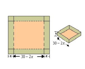 An open box of maximum volume is to be made from a square piece of material   centimeters on a side by cutting equal squares from the corners and turning up the sides(see figure) . What is the domain of the function   .   A)  domain:   B)  domain:   C)  domain:   D)  domain:   E)  domain:  