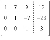 Write the system of linear equations represented by the augmented matrix. Then use back-substitution to solve. (Use variables x, y, and z.)    A)  x = 2, y = 3, z = 1 B)  x = -1, y = -2, z = 3 C)  x = -1, y = 2, z = -3 D)  x = 83, y = -5, z = -4 E)  x = -2, y = -1, z = 3