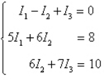 Applying Kirchhoff's Laws to the electrical network in the figure, the currents I<sub>1</sub>, I<sub>2</sub>, and I<sub>3</sub> are the solution of the system   Find the currents.     A)        B)        C)        D)        E)       