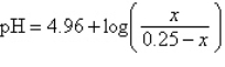 The pH of an acidic solution is a measure of the concentration of the acid particles in the solution, with smaller values of the pH indicating higher acid concentration. In a laboratory experiment, the pH of a certain acid solution is changed by dissolving over-the-counter antacid tablets into the solution. In this experiment, the pH changes according to the equation   , where x is the number of grams of antacid added to the solution. What is the pH of the solution after the addition of 0.1 grams of antacid tablet? A)  5.14 B)  4.44 C)  -0.18 D)  4.78 E)  4.96