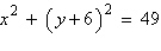 Identify the center and radius of the circle.   A)  center: (-6, 0)  radius: 7 B)  center: (0, -6)  radius: 49 C)  center: (0, 6)  radius: 49 D)  center: (0, -6)  radius: 7 E)  center: (6, 0)  radius: 7
