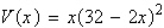 An open box is to be made from a square piece of cardboard, 32 inches on a side, by cutting equal squares with sides of length x from the corners and turning up the sides (see figure below) . If the volume of the box is represented by   , determine the domain of   .     A)    B)    C)    D)    E)   