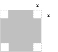 An open box is to be made from a square piece of cardboard, 32 inches on a side, by cutting equal squares with sides of length x from the corners and turning up the sides (see figure below) . If the volume of the box is represented by   , determine the domain of   .     A)    B)    C)    D)    E)   