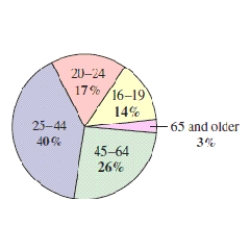There were approximately 6.92 million unemployed workers in the United States.The circle graph shows the age profile of these unemployed workers.Estimate the number of unemployed workers in the 16-19 age group.(Round your answer to two decimal places. ) ​   ​ A) 2.97 million B) 4.97 million C) 1.97 million D) 0.97 million E) 3.97 million