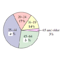  There were approximately 28 million unemployed workers in the United States.The circle graph shows the age profile of these unemployed workers.What is the probability that a person selected at random from the population of unemployed workers is in the 45-64 age group.(  a = 28 \%  and  b = 38 \%  )    A)   \frac { 1 } { 38 }  B)   \frac { 19 } { 50 }  C)   \frac { 50 } { 19 }  D) 38 E)   \frac { 1 } { 100 }