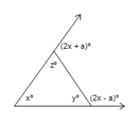 Find the value of x,y and z in the figure.​   ​ where a = 3 ​ A) ​x = 60°,y = 60°,z = 57° B) ​x = 60°,y = 63°,z = 57° C) ​x = 63°,y = 63°,z = 57° D) ​x = 57°,y = 63°,z = 60° E) ​x = 60°,y = 60°,z = 60°