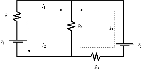 ?Applying Kirchhoff's Laws to the electrical network in the figure,the currents I<sub>1</sub>,I<sub>2</sub>,and I<sub>3</sub> are the solution of the system  \left\{ \begin{array} { l l }  I _ { 1 } - I _ { 2 } + I _ { 3 } & = 0 \\ 6 I _ { 1 } + 3 I _ { 2 } & = 11 \\ 3 I _ { 2 } + 5 I _ { 3 } & = 6 \end{array} \right.  Find the currents.?    \begin{array} { l }  V _ { 1 } = 11 \text { volts, } V _ { 2 } = 6 \text { volts } \\ R _ { 1 } = 6 \Omega , R _ { 2 } = 3 \Omega , R _ { 3 } = 5 \Omega \end{array}  ? A) ?I<sub>1</sub> =  - \frac { 40 } { 3 }  <sub> </sub>amperes;I<sub>2</sub><sub> </sub>=  \frac { 91 } { 3 }  amperes;I<sub>3</sub> = -17 amperes B) ?I<sub>1</sub> =  \frac { 10 } { 9 }  amperes;I<sub>2</sub> =  \frac { 13 } { 9 }  amperes;I<sub>3</sub> =  \frac { 1 } { 3 }  amperes C) ?I<sub>1</sub> = 6 amperes;I<sub>2</sub> = 3 amperes;I<sub>3</sub> = 5 amperes D) ?I<sub>1</sub> =  \frac { 70 } { 33 }  amperes;I<sub>2</sub> =  - \frac { 19 } { 33 }  amperes;I<sub>3</sub> =  \frac { 17 } { 11 }  amperes E) ?I<sub>1</sub> = 70 amperes;I<sub>2</sub> = 91 amperes;I<sub>3</sub> = 21 amperes 