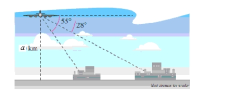 A passenger in an airplane at an altitude of a = 20 kilometers sees two towns directly to the east of the plane.The angles of depression to the towns are 28º and 55º (see figure) .How far apart are the towns? How far apart are the ships? Round your answer to one decimal place.​   ​ A) 23.6 km B) 24.6 km C) 25.6 km D) 26.6 km E) 27.6 km