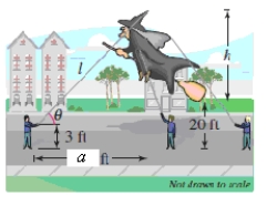  You are holding one of the tethers attached to the top of a giant character balloon in a parade.Before the start of the parade the balloon is upright and the bottom is floating approximately 20 feet above ground level.You are standing approximately a = 130 feet ahead of the balloon (see figure) .?   ? Find the length l of the tether you are holding in terms of h,the height h of the balloon from top to bottom. ? A)   \sqrt { h ^ { 2 } + 34 h + 17,189 }  B)   \sqrt { h ^ { 2 } + 17 h + 17,189 }  ? C)   \sqrt { h ^ { 2 } + 20 h + 689 }  D)   \sqrt { h ^ { 2 } + 40 h + 689 }  ? E)   \sqrt { h ^ { 2 } + 34 h + 289 }