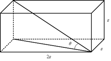  If the sides of a rectangular solid are as shown,and  s = 4  ,determine the angle,?,between the diagonal of the base of the solid and the diagonal of the solid.Round answer to two decimal places.   A) 21.91<sup>o</sup> B) 24.09<sup>o</sup> C) 17.21<sup>o</sup> D) 26.28<sup>o</sup> E) 19.86<sup>o</sup> 