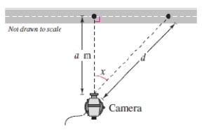 <strong>A television camera is on a reviewing platform a meters from the street on which a parade will be passing from left to right (see figure).Write the distance d from the camera to a particular unit in the parade as a function of the angle x. a = 26. </strong> A)d = 26tan x B)d = 26sec x C)d = 26cos x D)d = 26cot x E)d = 26sin x